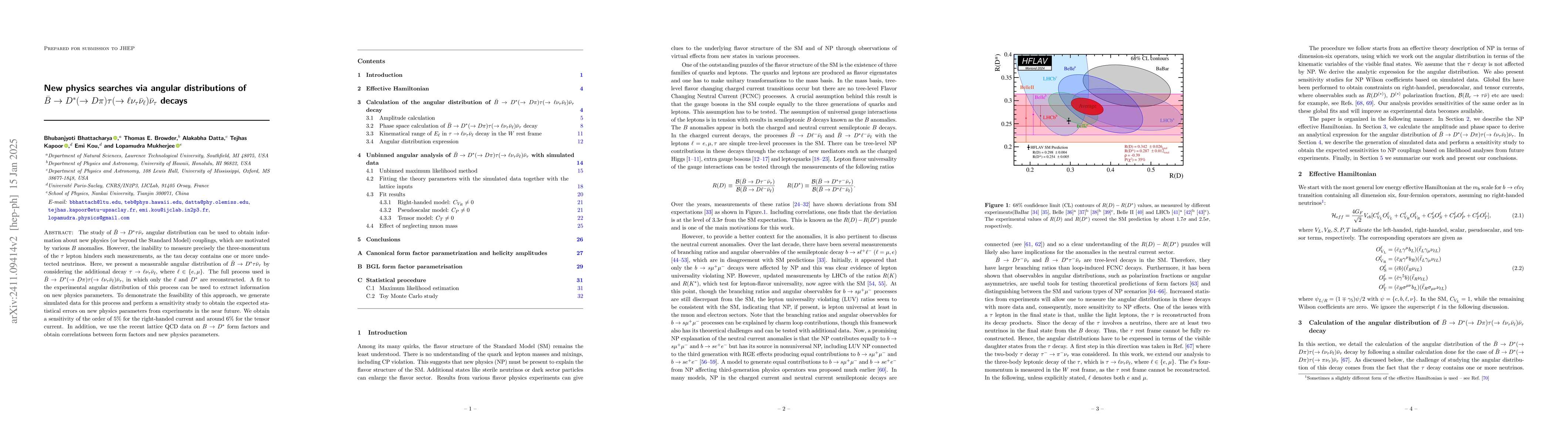 Thumbnail for New physics search via angular distribution of $ \bar{B} \to D^* (\to D
  π) τ(\to \ell ν_τ\barν_\ell) \barν_τ$ decays