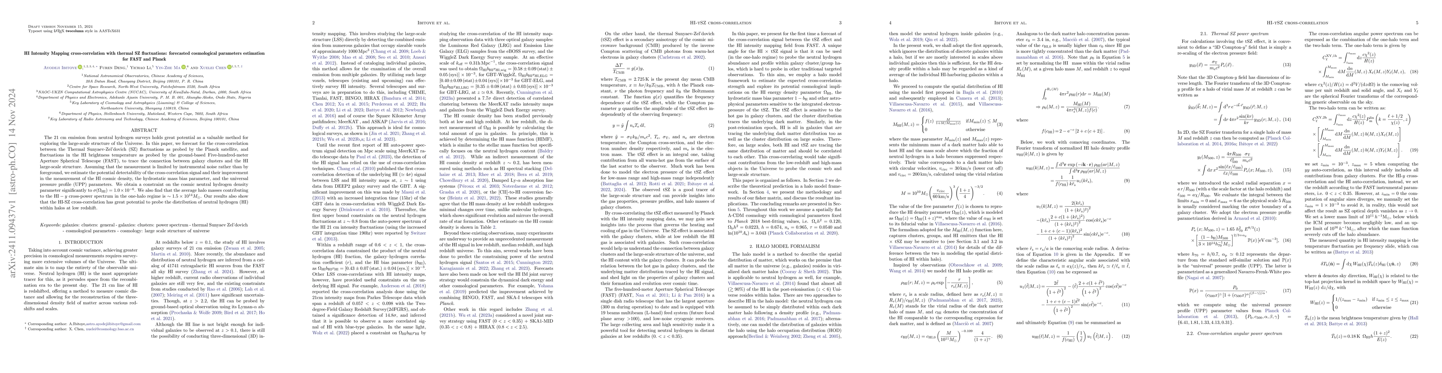 Thumbnail for HI Intensity Mapping cross-correlation with thermal SZ fluctuations:
  forecasted cosmological parameters estimation for FAST and Planck