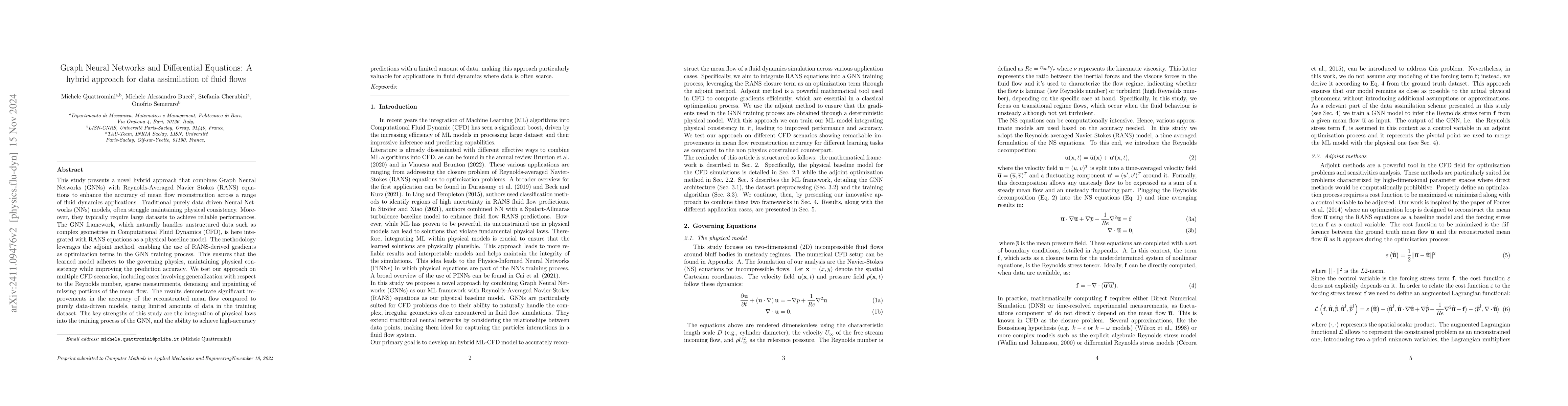 Thumbnail for Graph Neural Networks and Differential Equations: A hybrid approach for
  data assimilation of fluid flows