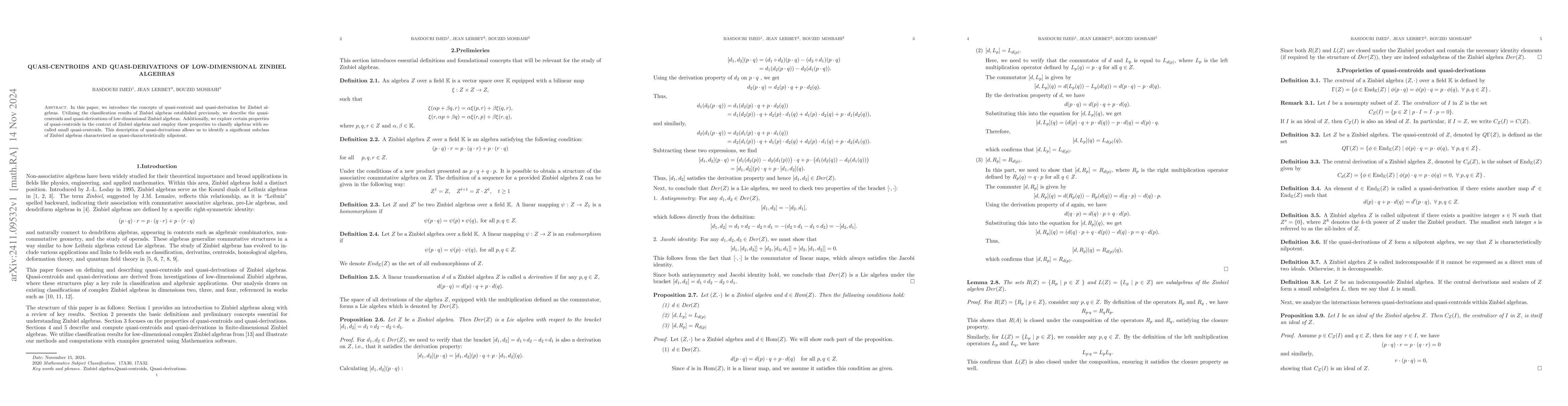 Thumbnail for Quasi-Centroids and Quasi-Derivations of low-dimensional Zinbiel
  algebras