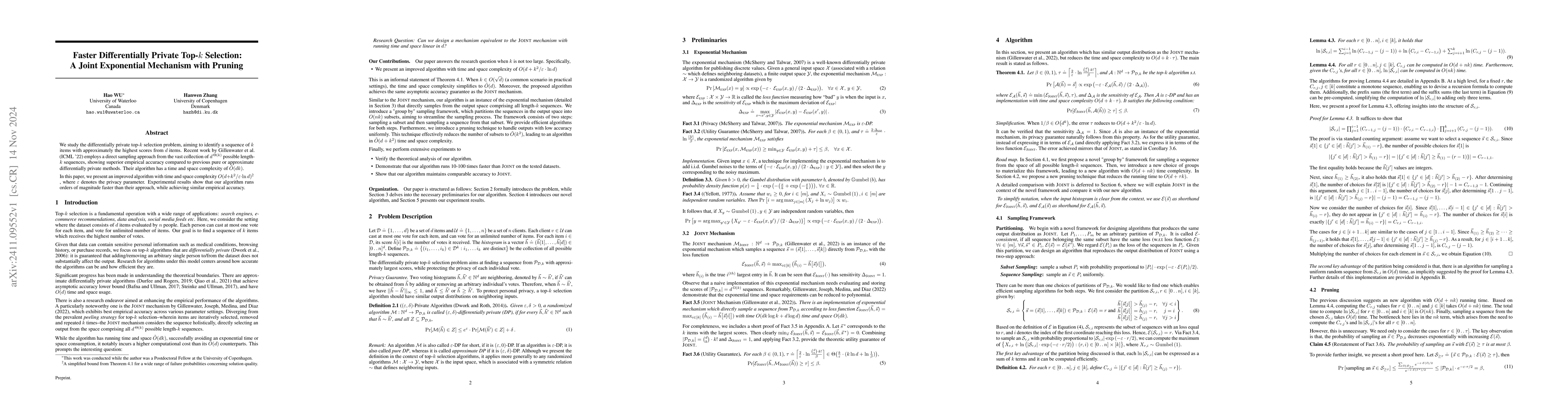 Thumbnail for Faster Differentially Private Top-$k$ Selection: A Joint Exponential
  Mechanism with Pruning
