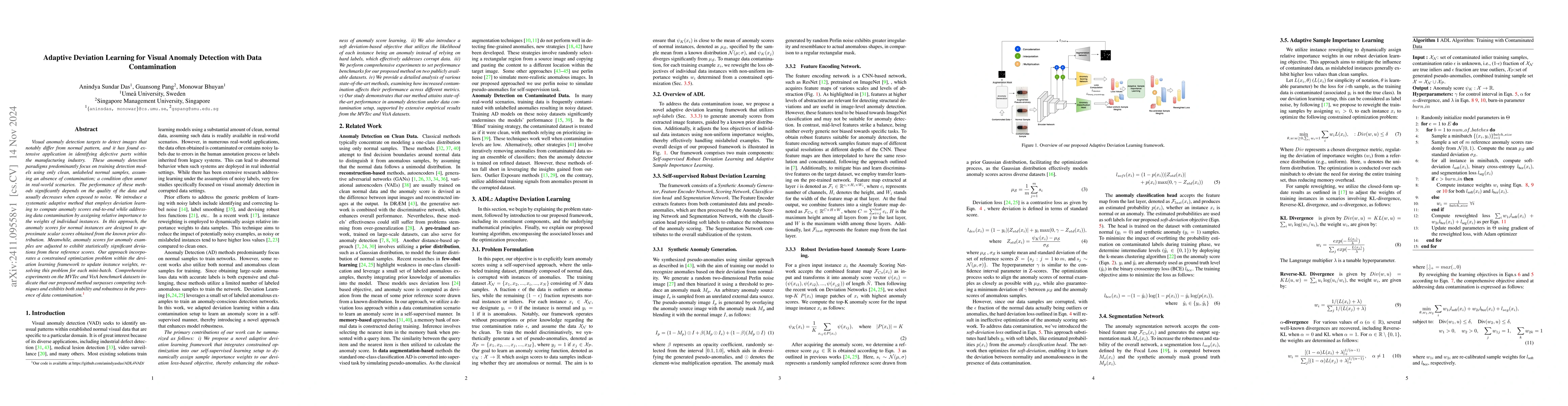 Thumbnail for Adaptive Deviation Learning for Visual Anomaly Detection with Data
  Contamination