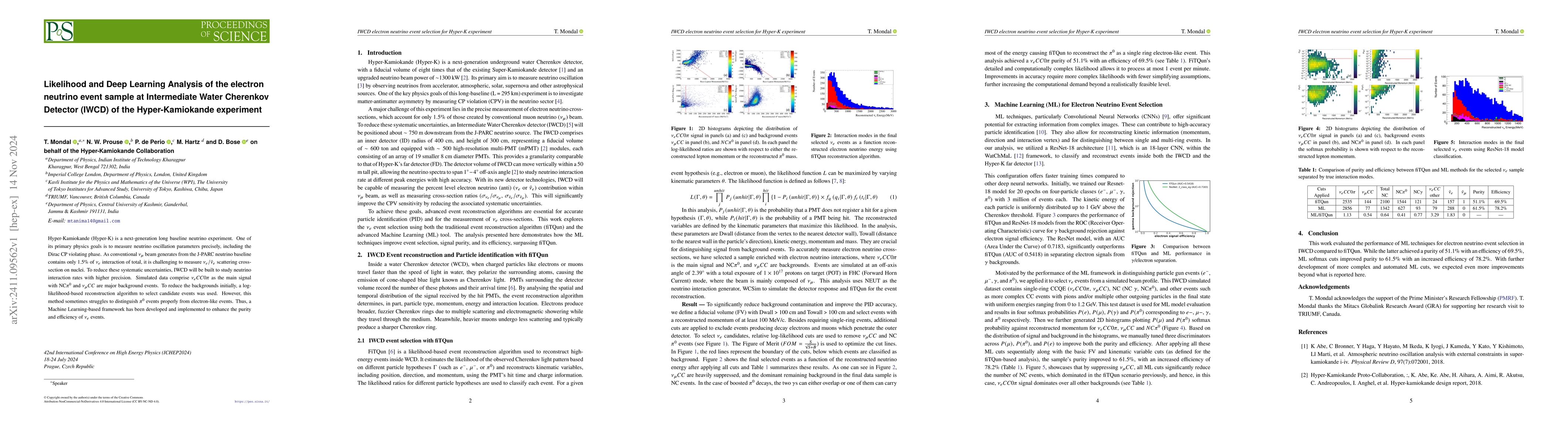 Thumbnail for Likelihood and Deep Learning Analysis of the electron neutrino event
  sample at Intermediate Water Cherenkov Detector (IWCD) of the
  Hyper-Kamiokande experiment