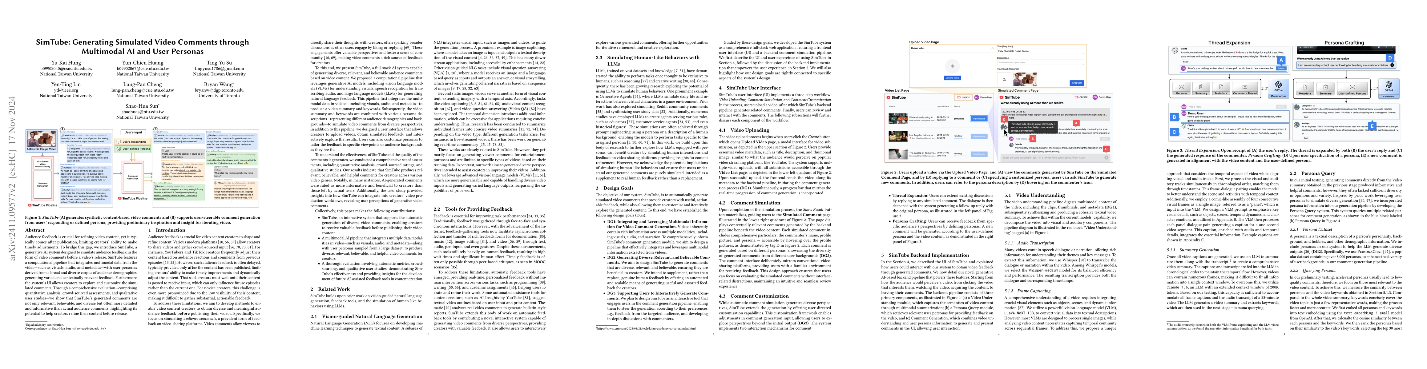 Thumbnail for SimTube: Generating Simulated Video Comments through Multimodal AI and
  User Personas