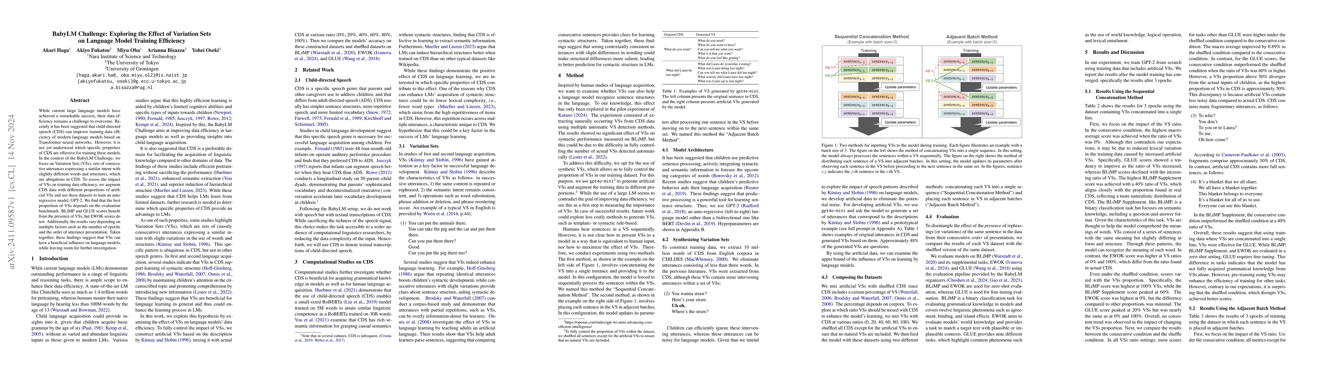 Thumbnail for BabyLM Challenge: Exploring the Effect of Variation Sets on Language
  Model Training Efficiency