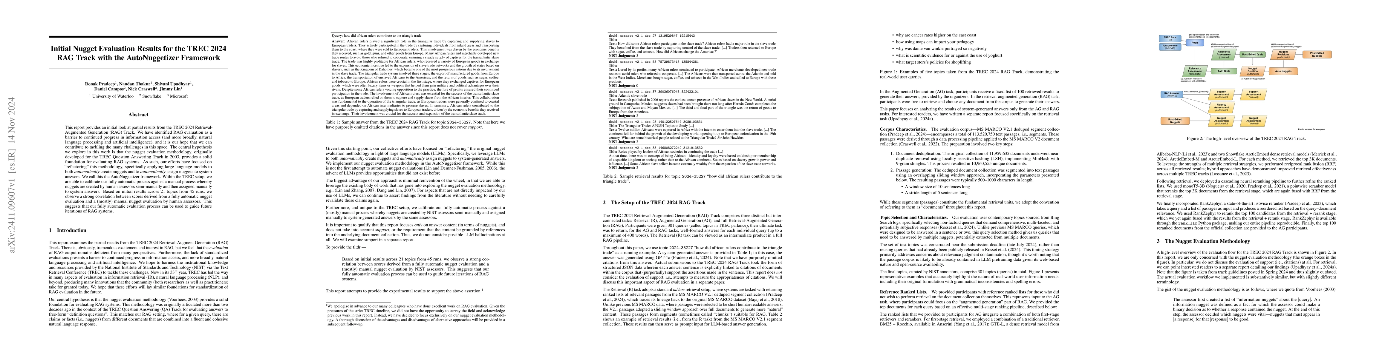 Thumbnail for Initial Nugget Evaluation Results for the TREC 2024 RAG Track with the
  AutoNuggetizer Framework