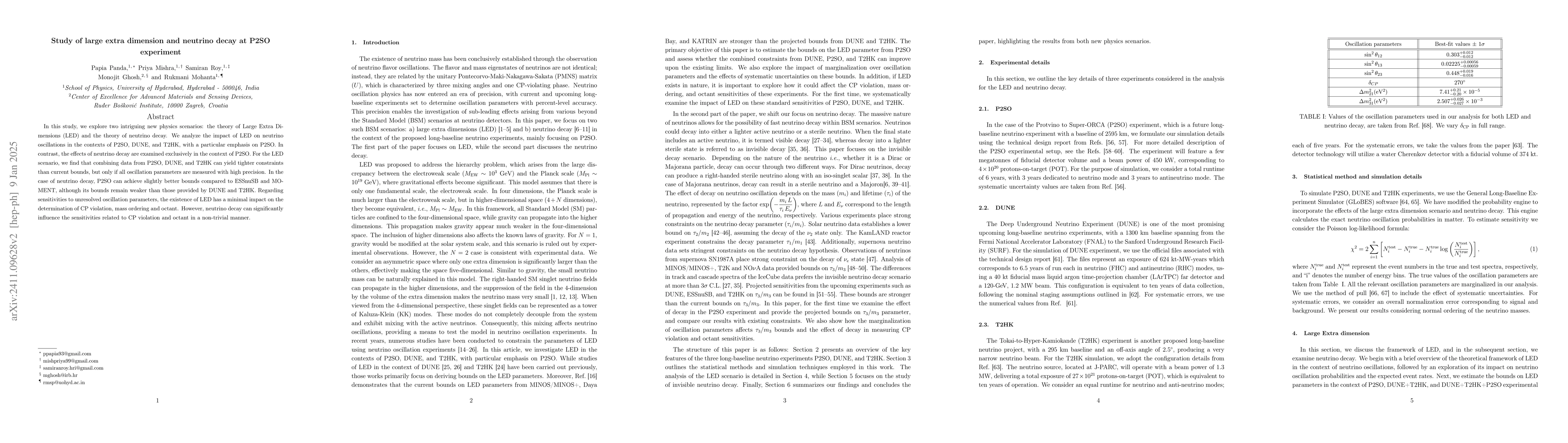 Thumbnail for Study of large extra dimension and neutrino decay at P2SO experiment