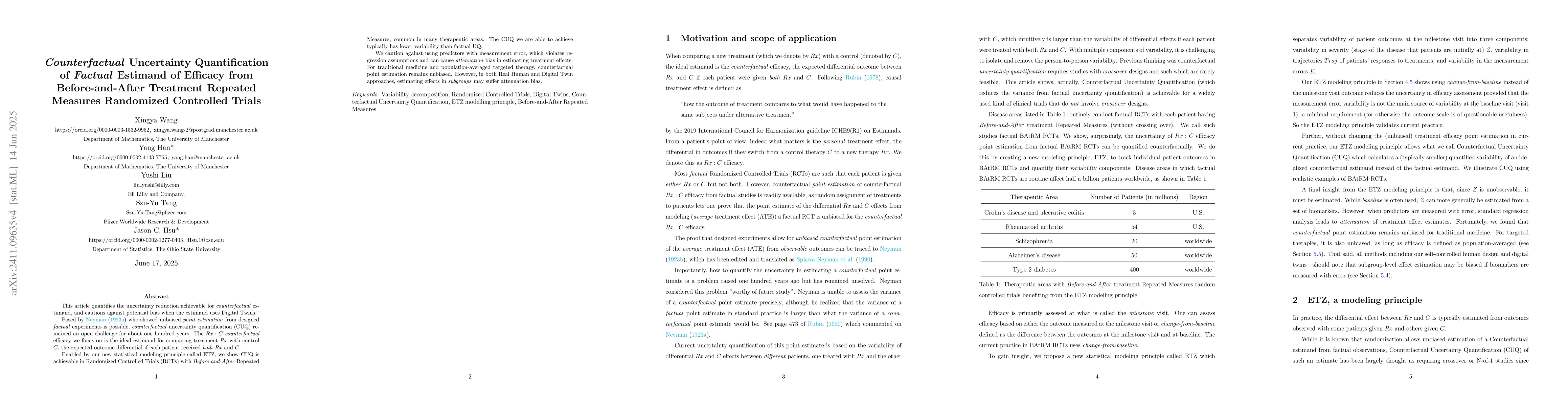 Thumbnail for Counterfactual Uncertainty Quantification of Factual Estimand of
  Efficacy from Before-and-After Treatment Repeated Measures Randomized
  Controlled Trials