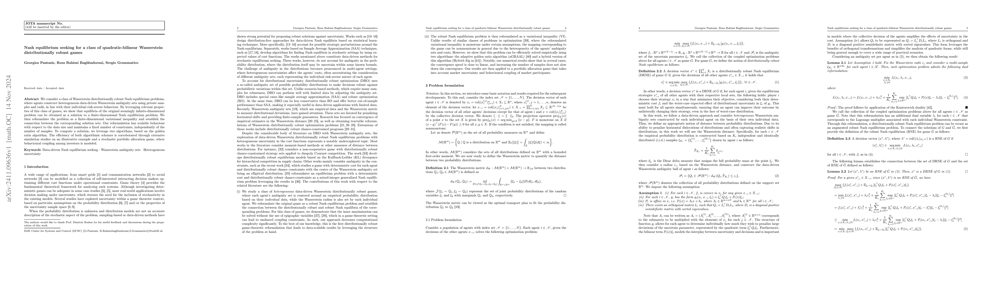 Thumbnail for Nash equilibrium seeking for a class of quadratic-bilinear Wasserstein
  distributionally robust games