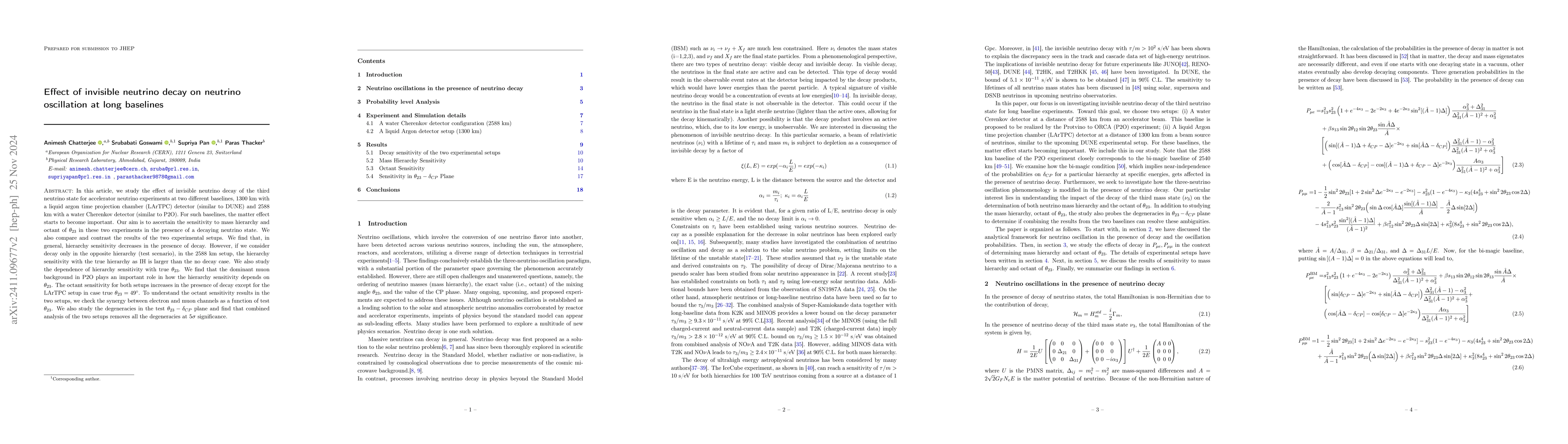 Thumbnail for Effect of invisible neutrino decay on neutrino oscillation at long
  baselines