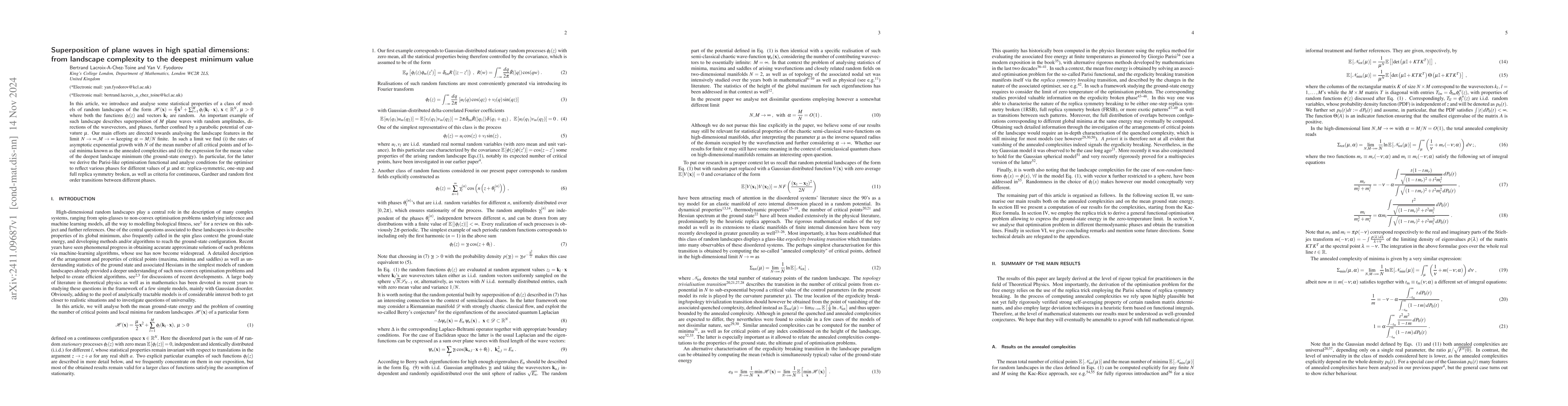 Thumbnail for Superposition of plane waves in high spatial dimensions: from landscape
  complexity to the deepest minimum value