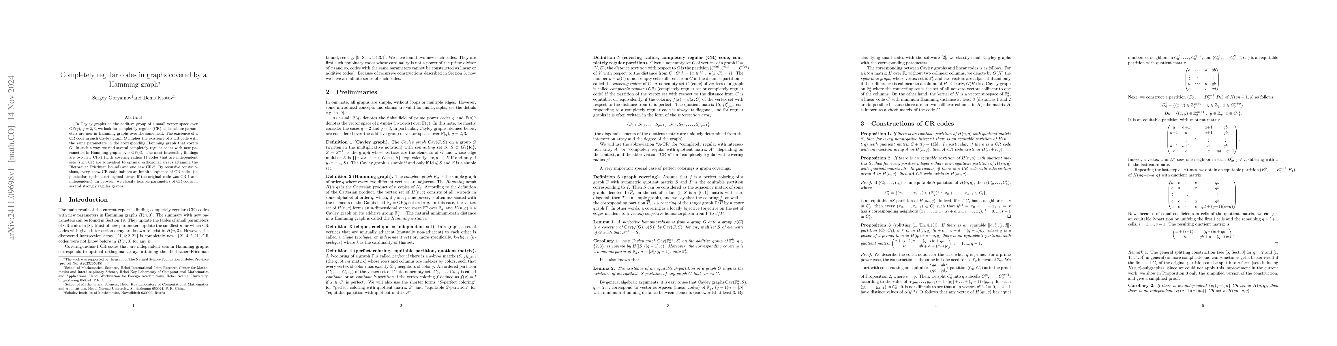 Thumbnail for Completely regular codes in graphs covered by a Hamming graph