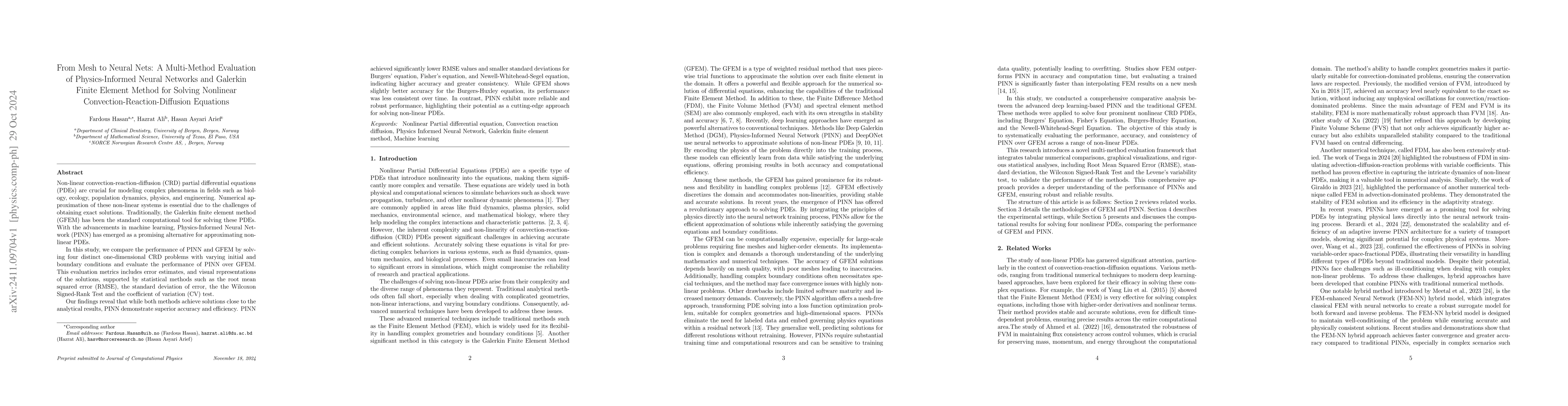 Thumbnail for From Mesh to Neural Nets: A Multi-Method Evaluation of Physics-Informed
  Neural Networks and Galerkin Finite Element Method for Solving Nonlinear
  Convection-Reaction-Diffusion Equations
