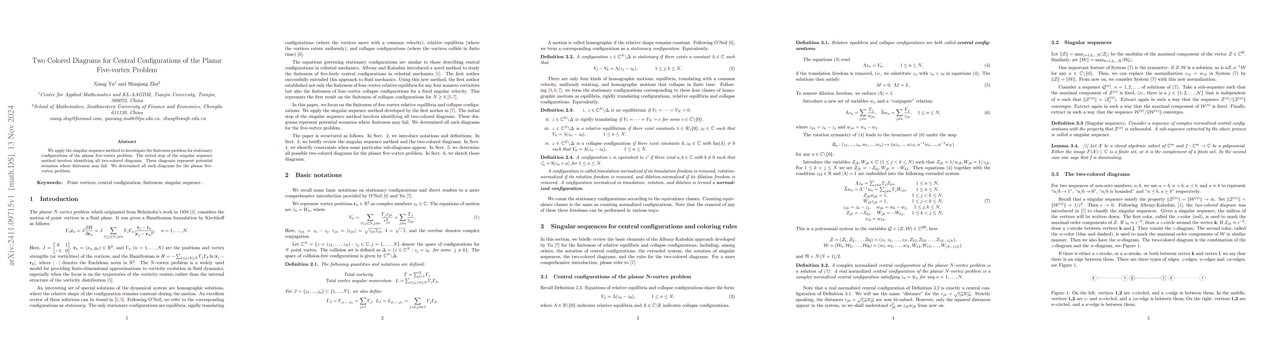 Thumbnail for Two Colored Diagrams for Central Configurations of the Planar
  Five-vortex Problem