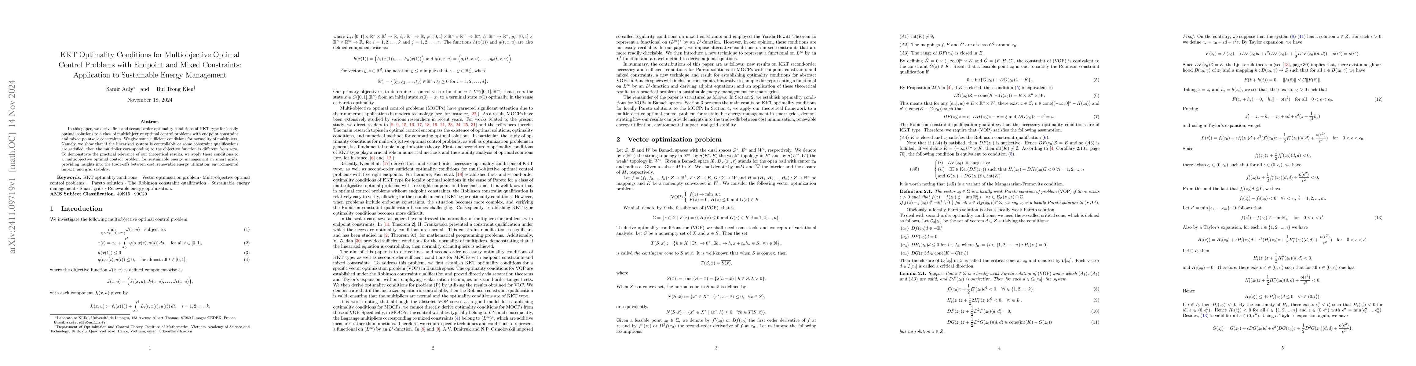 Thumbnail for KKT Optimality Conditions for Multiobjective Optimal Control Problems
  with Endpoint and Mixed Constraints: Application to Sustainable Energy
  Management