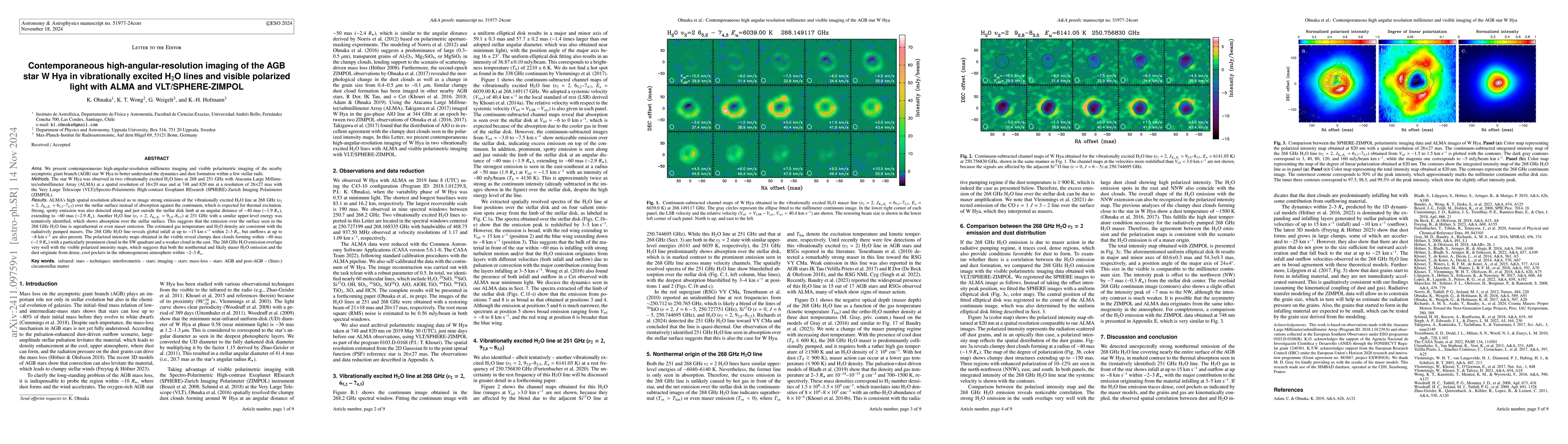 Thumbnail for Contemporaneous high-angular-resolution imaging of the AGB star W Hya in
  vibrationally excited H2O lines and visible polarized light with ALMA and
  VLT/SPHERE-ZIMPOL