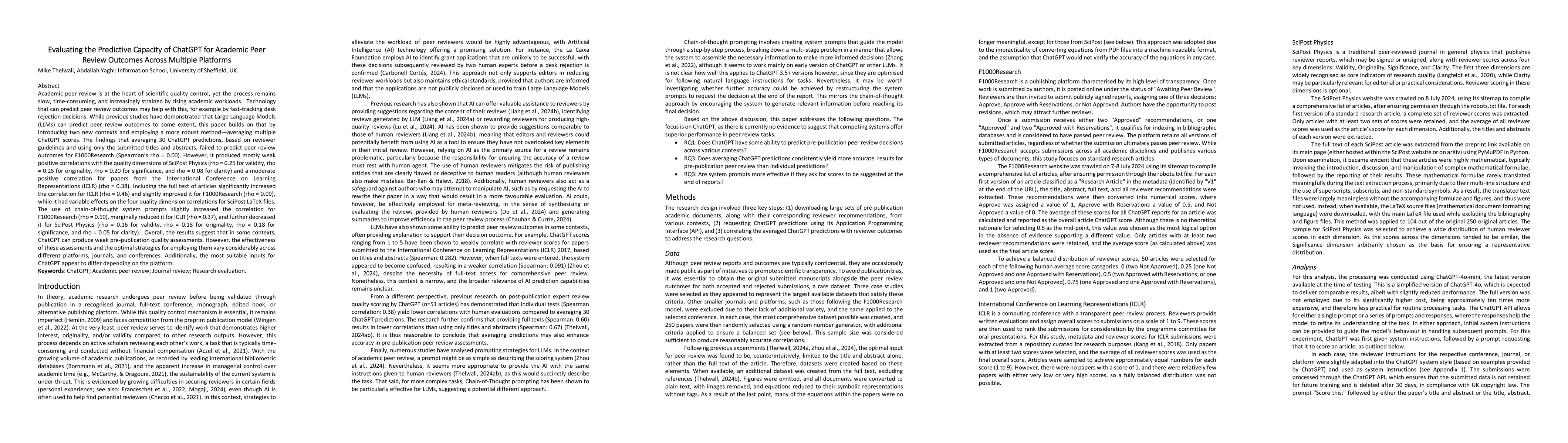 Thumbnail for Evaluating the Predictive Capacity of ChatGPT for Academic Peer Review
  Outcomes Across Multiple Platforms