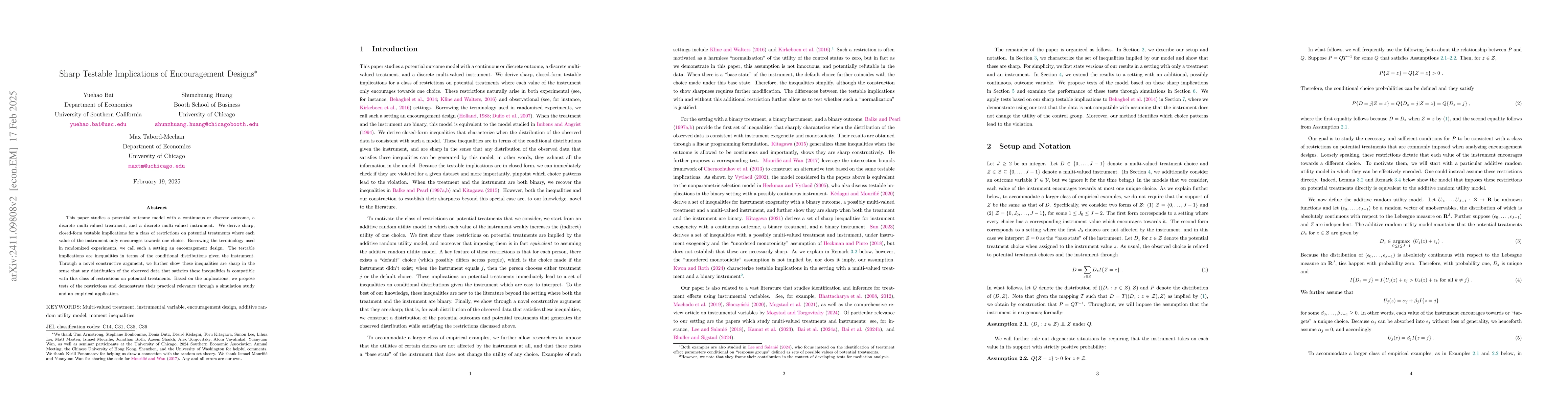 Thumbnail for Sharp Testable Implications of Encouragement Designs