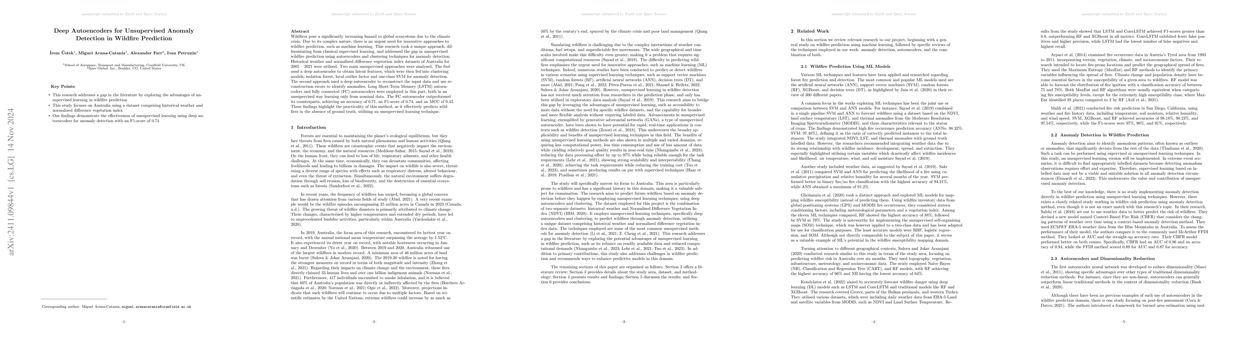 Thumbnail for Deep Autoencoders for Unsupervised Anomaly Detection in Wildfire
  Prediction
