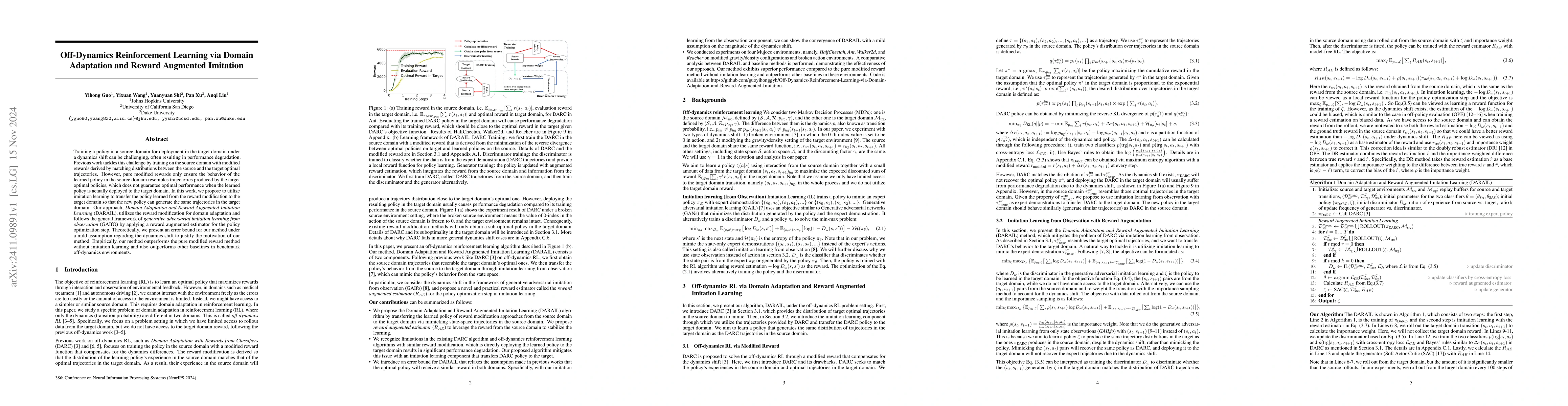 Thumbnail for Off-Dynamics Reinforcement Learning via Domain Adaptation and Reward
  Augmented Imitation