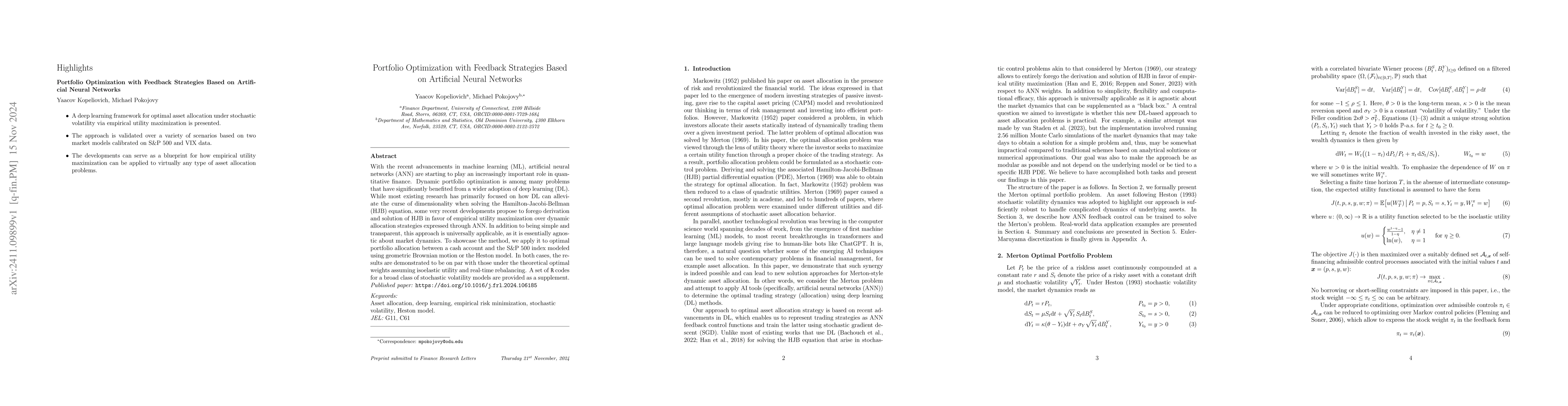 Thumbnail for Portfolio Optimization with Feedback Strategies Based on Artificial
  Neural Networks