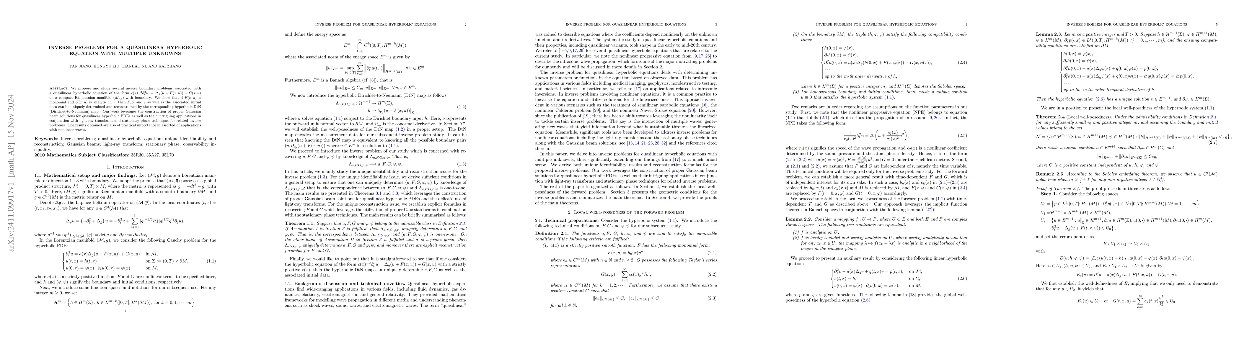 Thumbnail for Inverse problems for a quasilinear hyperbolic equation with multiple
  unknowns