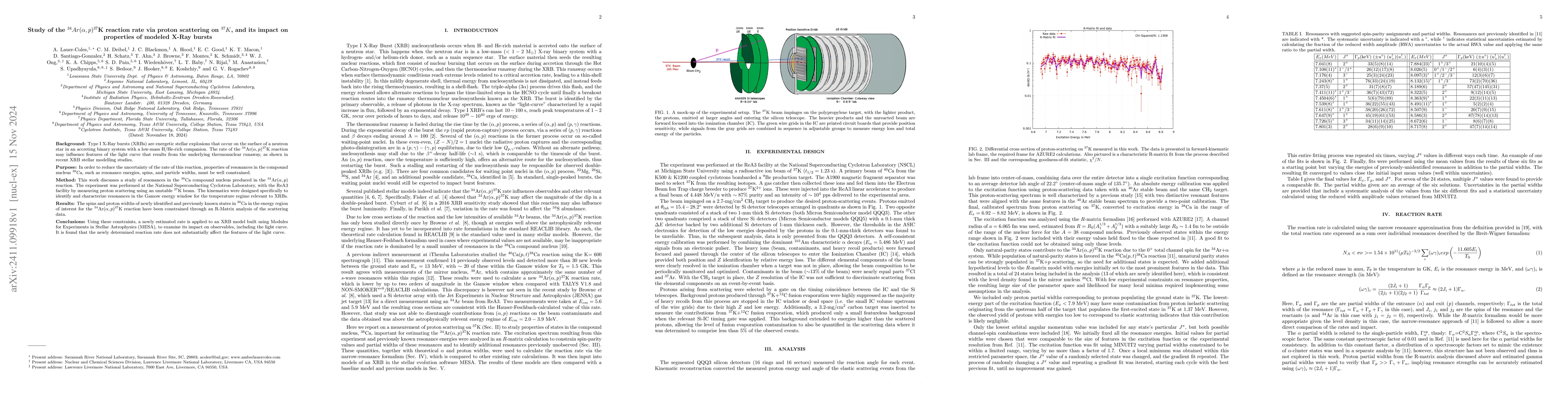 Thumbnail for Study of the $in ^{34}$Ar($α,p$)$^{37}$K reaction rate via proton
  scattering on $^{37}$K, and its impact on properties of modeled X-Ray bursts
