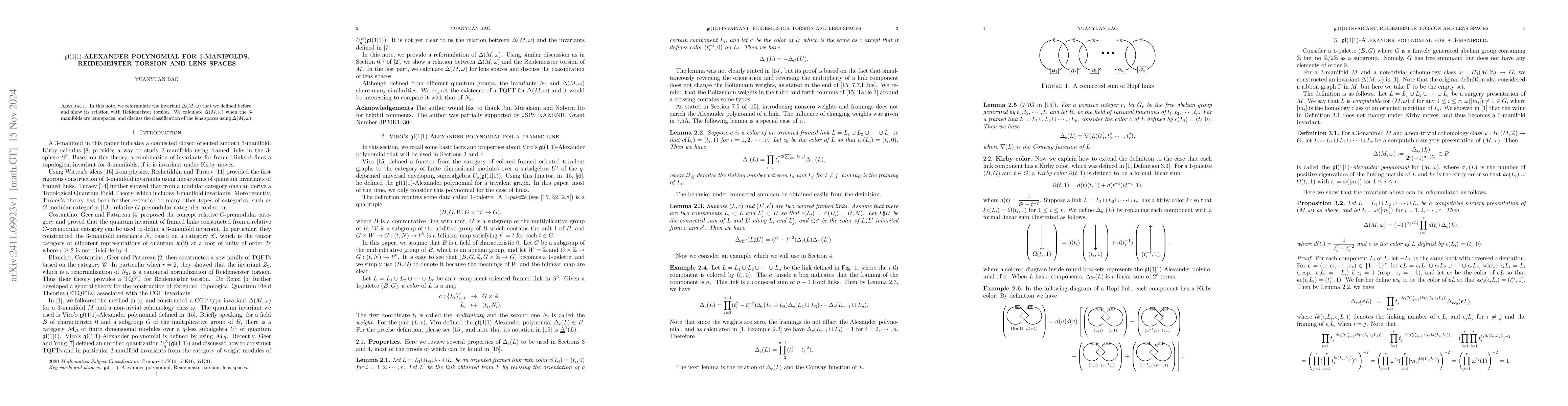 Thumbnail for $\mathfrak{gl}(1 \vert 1)$-Alexander polynomial for $3$-manifolds,
  Reidemeister torsion and lens spaces