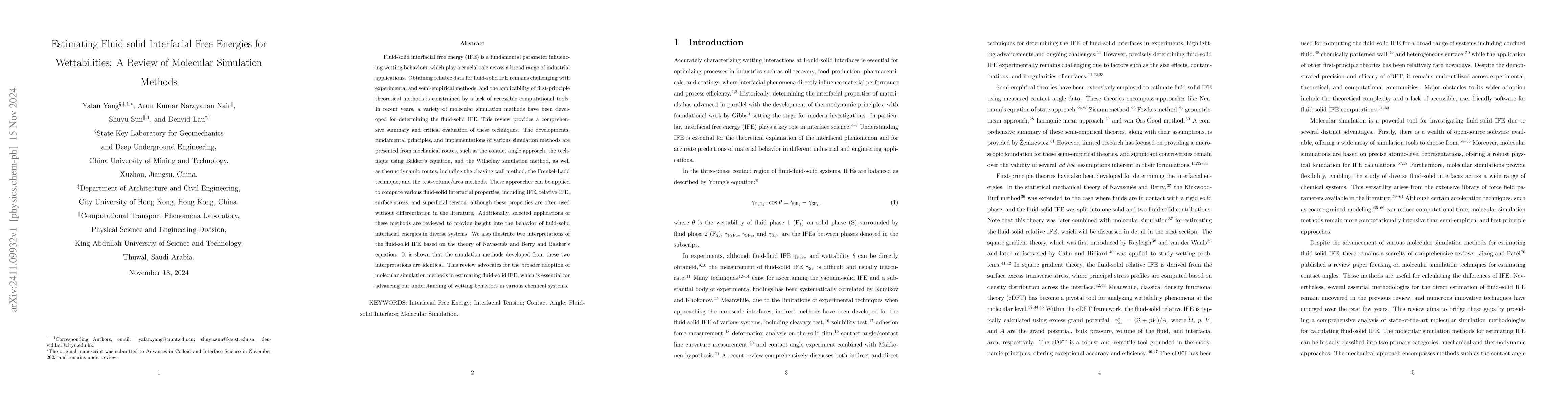 Thumbnail for Estimating Fluid-solid Interfacial Free Energies for Wettabilities: A
  Review of Molecular Simulation Methods
