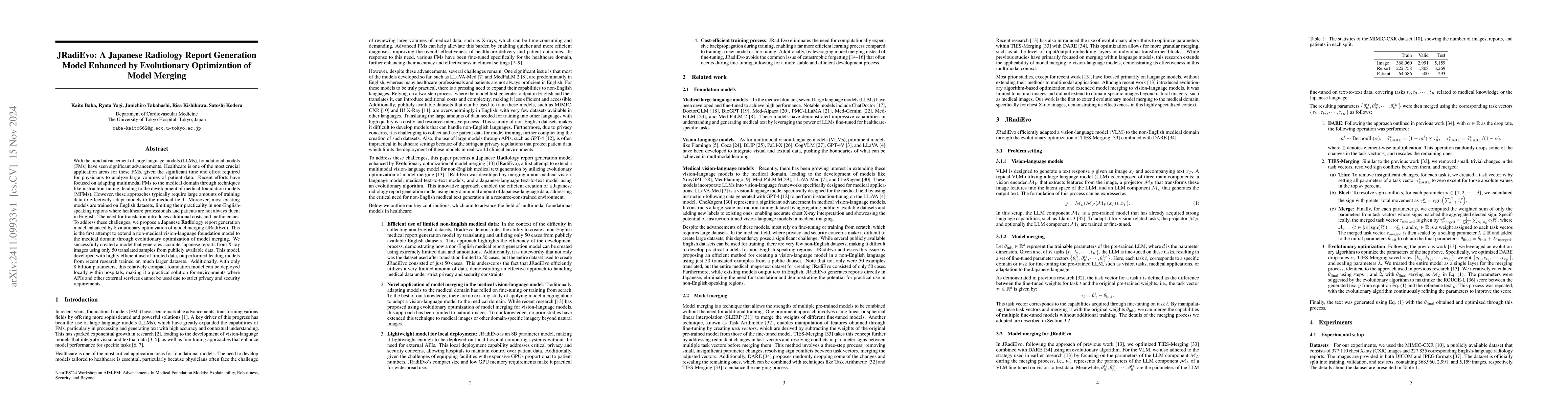 Thumbnail for JRadiEvo: A Japanese Radiology Report Generation Model Enhanced by
  Evolutionary Optimization of Model Merging