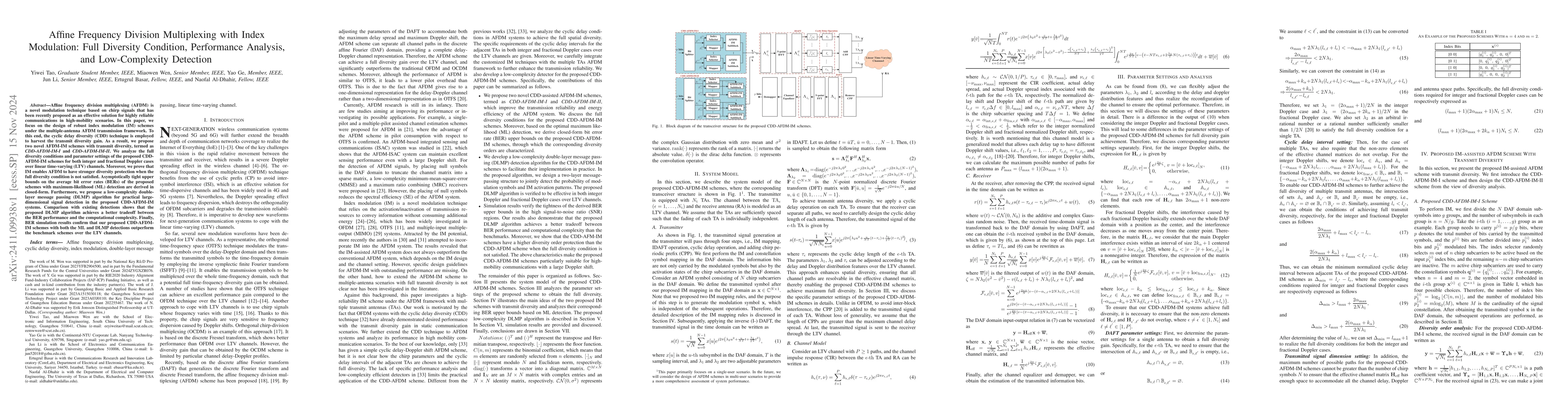 Thumbnail for Affine Frequency Division Multiplexing with Index Modulation: Full
  Diversity Condition, Performance Analysis, and Low-Complexity Detection