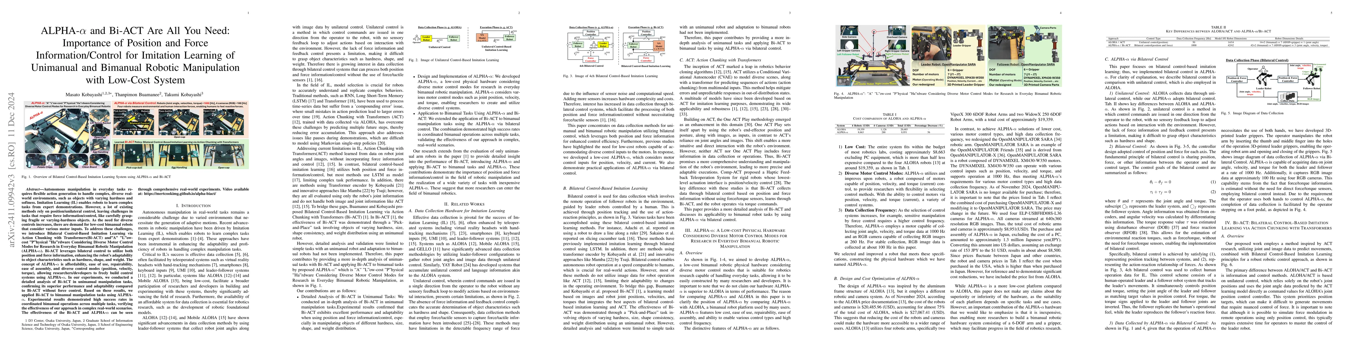 Thumbnail for ALPHA-$α$ and Bi-ACT Are All You Need: Importance of Position and
  Force Information/Control for Imitation Learning of Unimanual and Bimanual
  Robotic Manipulation with Low-Cost System