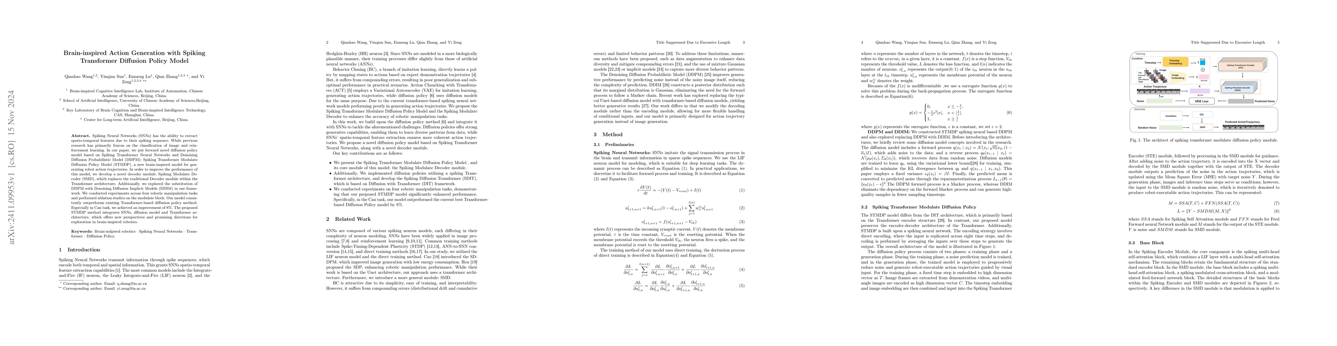 Thumbnail for Brain-inspired Action Generation with Spiking Transformer Diffusion
  Policy Model