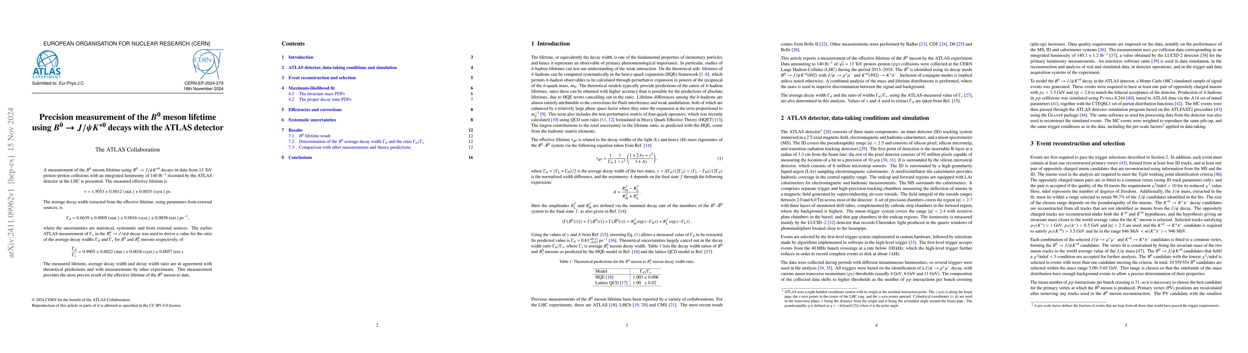 Thumbnail for Precision measurement of the $B^{0}$ meson lifetime using $B^{0}
  \rightarrow J/ψK^{*0}$ decays with the ATLAS detector