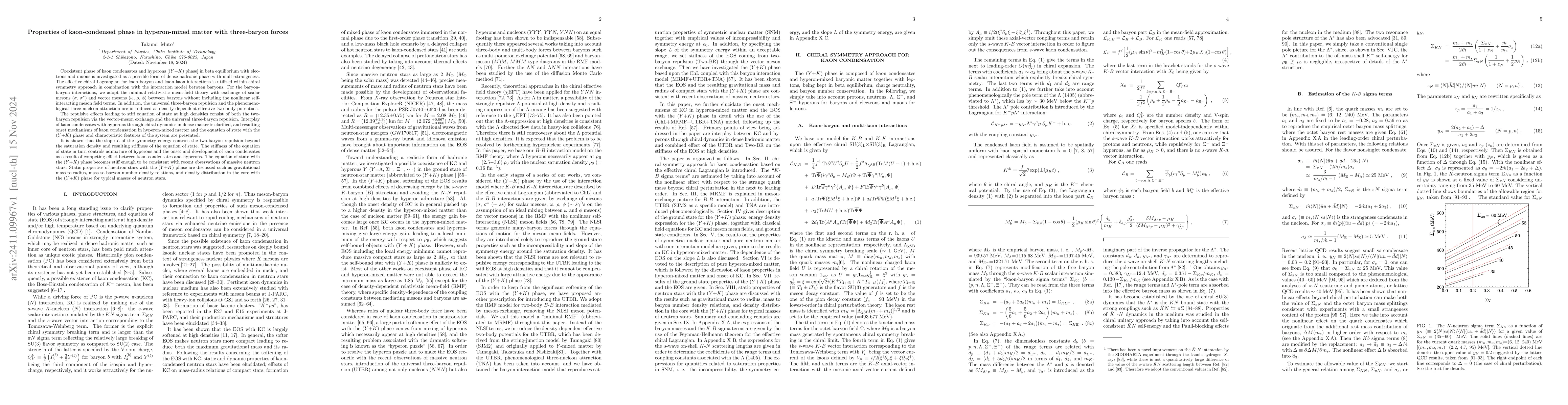 Thumbnail for Properties of kaon-condensed phase in hyperon-mixed matter with
  three-baryon forces