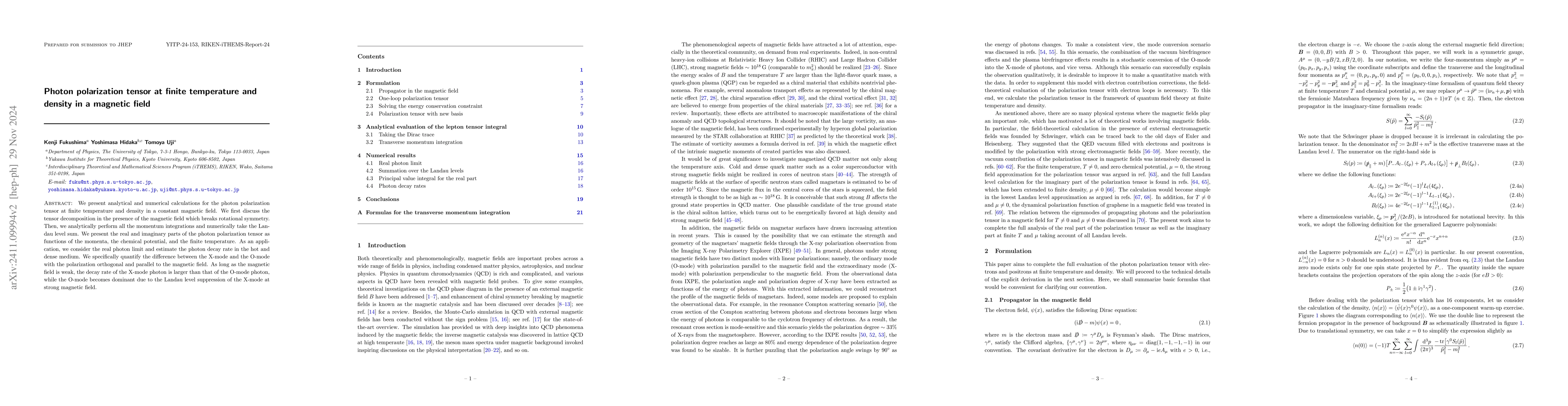Thumbnail for Photon polarization tensor at finite temperature and density in a
  magnetic field