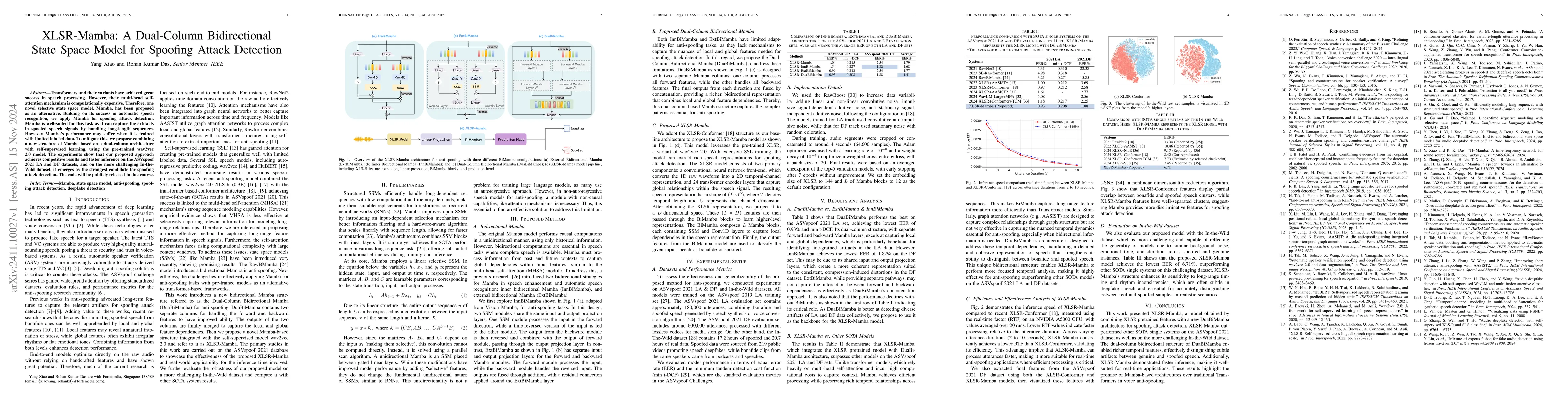 Thumbnail for XLSR-Mamba: A Dual-Column Bidirectional State Space Model for Spoofing
  Attack Detection