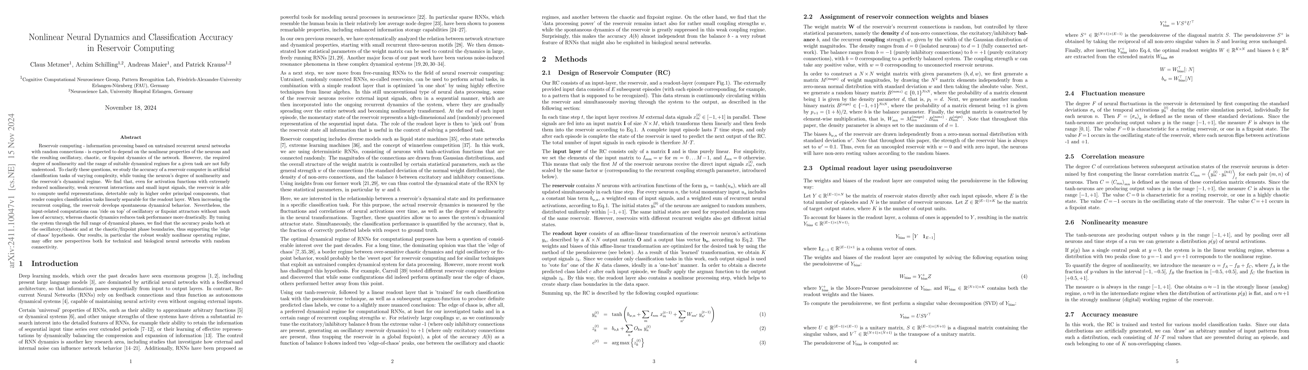 Thumbnail for Nonlinear Neural Dynamics and Classification Accuracy in Reservoir
  Computing