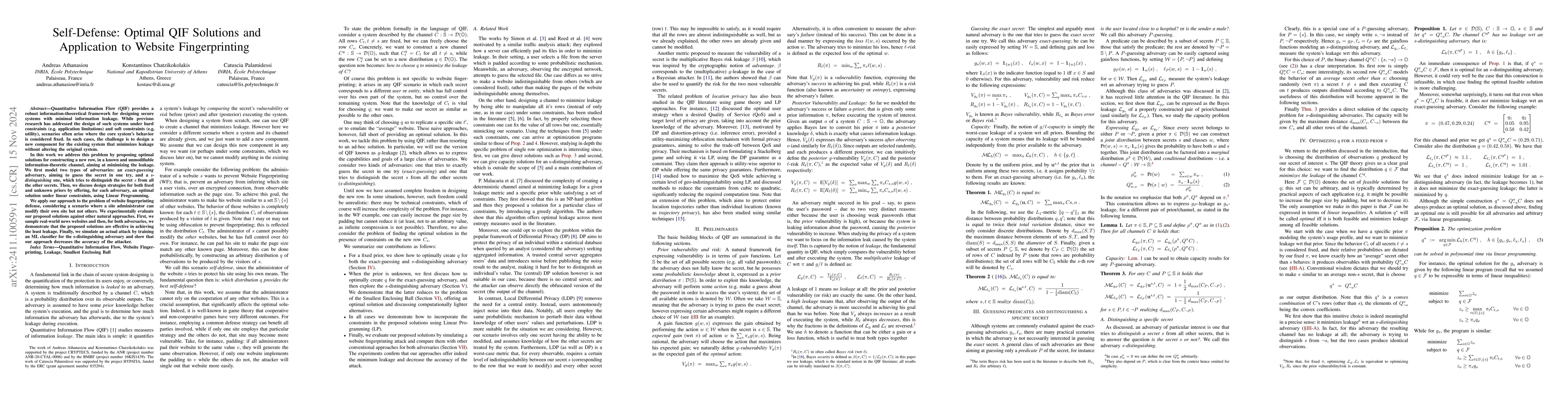 Thumbnail for Self-Defense: Optimal QIF Solutions and Application to Website
  Fingerprinting