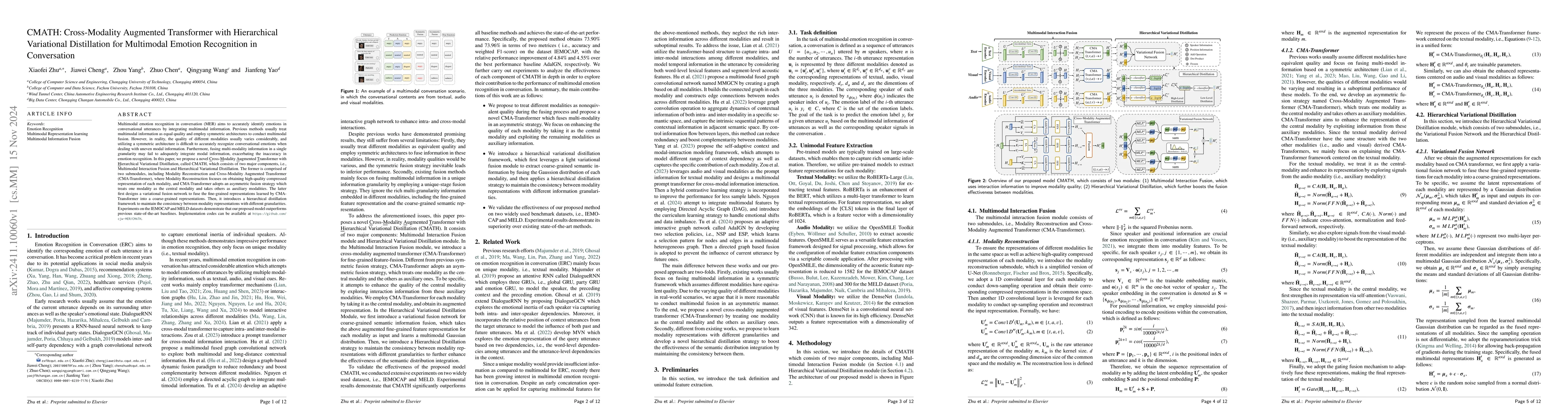 Thumbnail for CMATH: Cross-Modality Augmented Transformer with Hierarchical
  Variational Distillation for Multimodal Emotion Recognition in Conversation