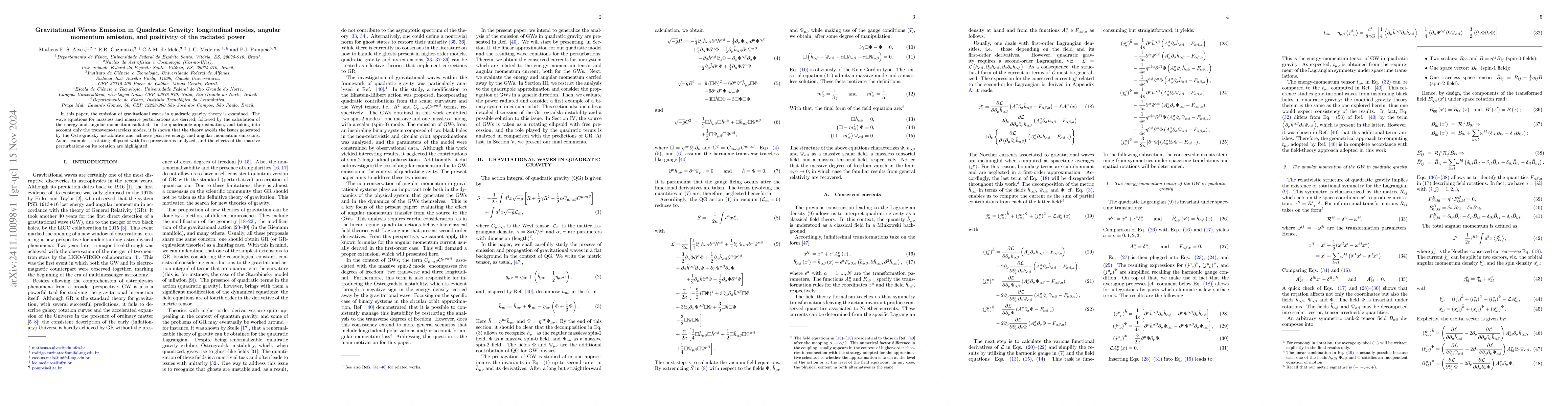 Thumbnail for Gravitational Waves Emission in Quadratic Gravity: longitudinal modes,
  angular momentum emission, and positivity of the radiated power