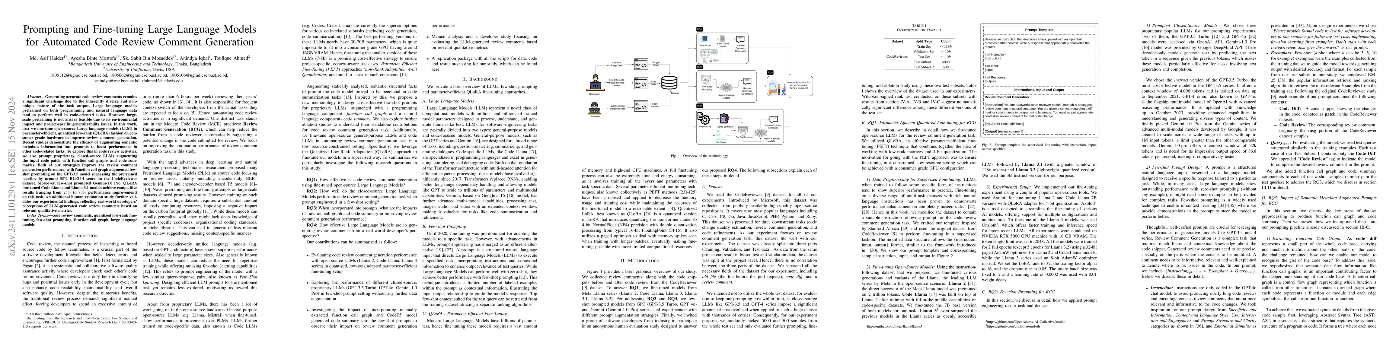 Thumbnail for Prompting and Fine-tuning Large Language Models for Automated Code
  Review Comment Generation