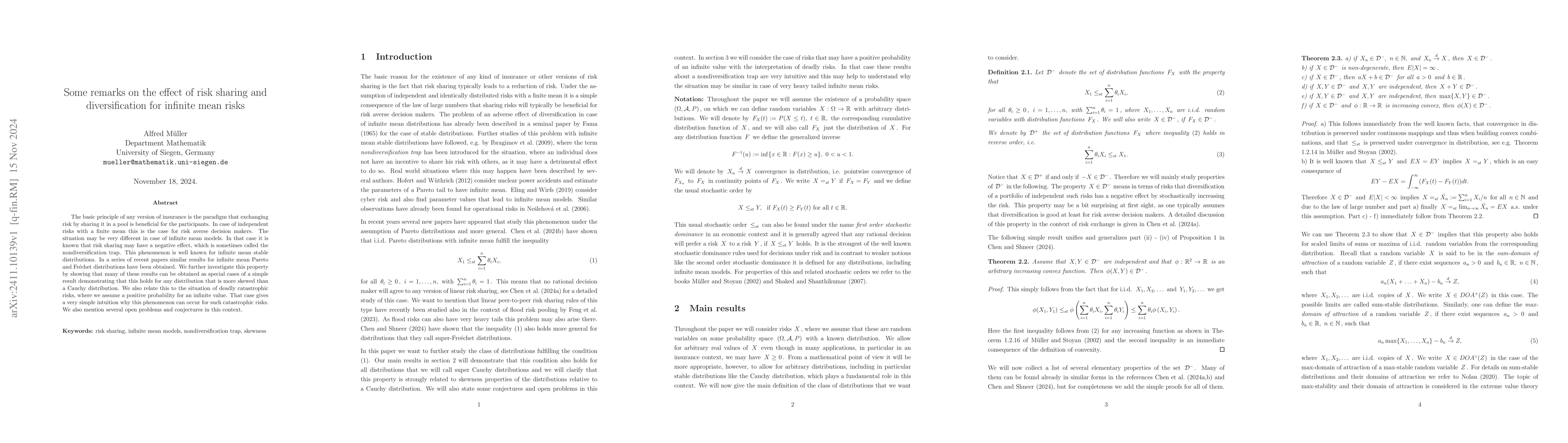 Thumbnail for Some remarks on the effect of risk sharing and diversification for
  infinite mean risks