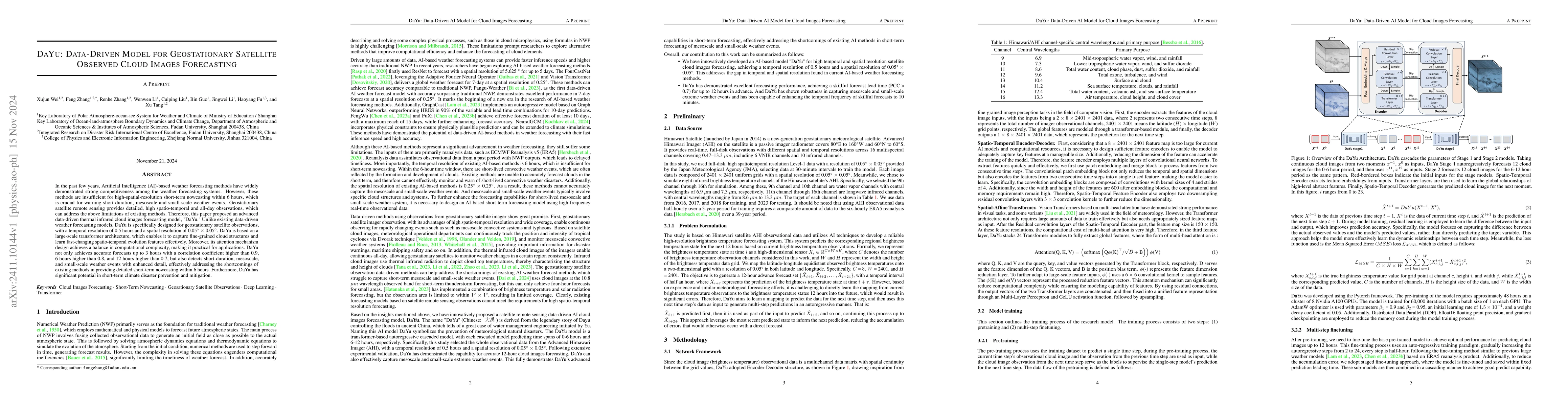 Thumbnail for DaYu: Data-Driven Model for Geostationary Satellite Observed Cloud
  Images Forecasting