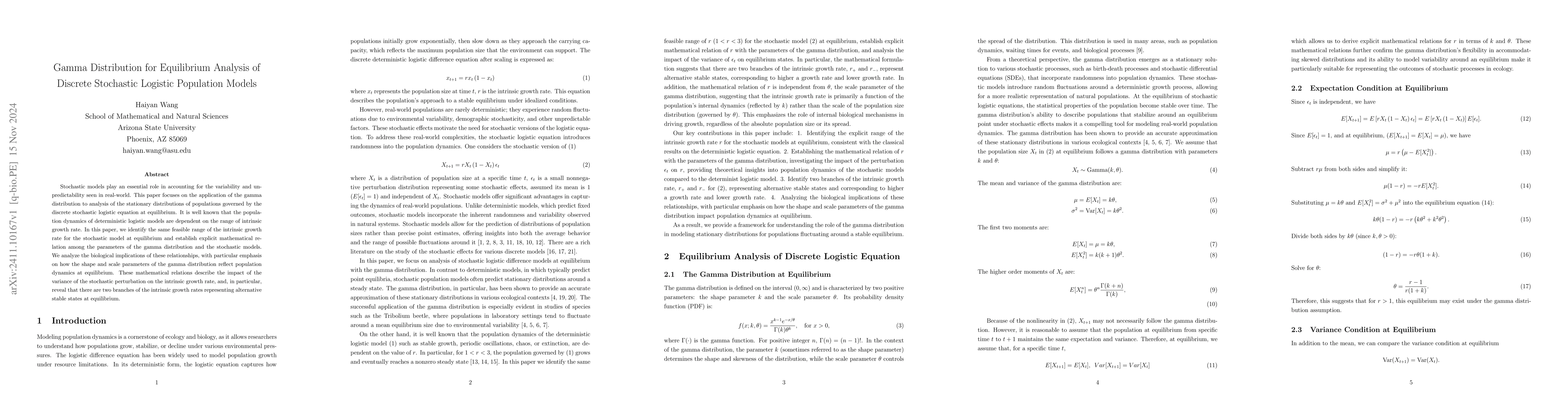 Thumbnail for Gamma Distribution for Equilibrium Analysis of Discrete Stochastic
  Logistic Population Models