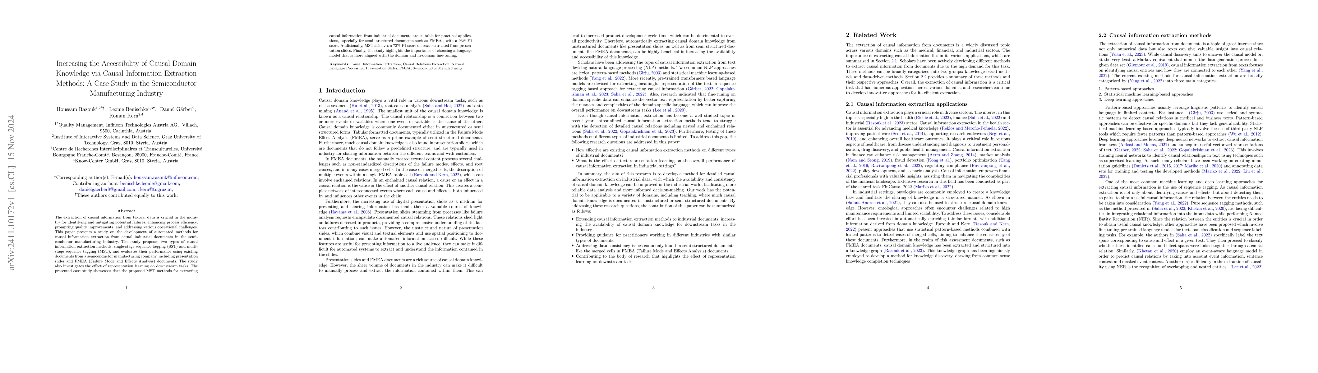 Thumbnail for Increasing the Accessibility of Causal Domain Knowledge via Causal
  Information Extraction Methods: A Case Study in the Semiconductor
  Manufacturing Industry