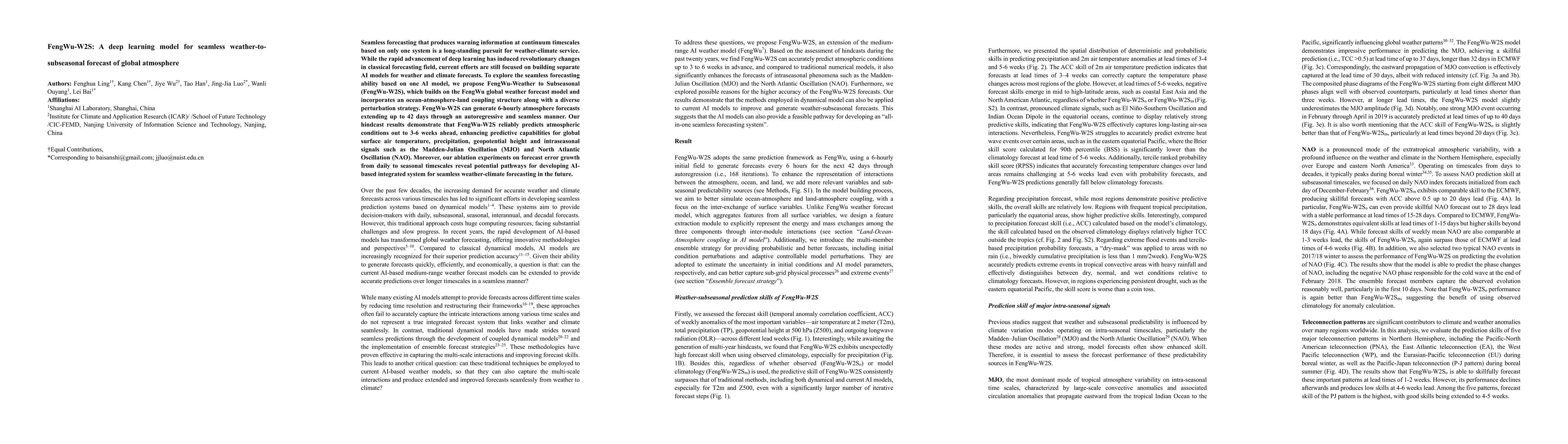 Thumbnail for FengWu-W2S: A deep learning model for seamless weather-to-subseasonal
  forecast of global atmosphere