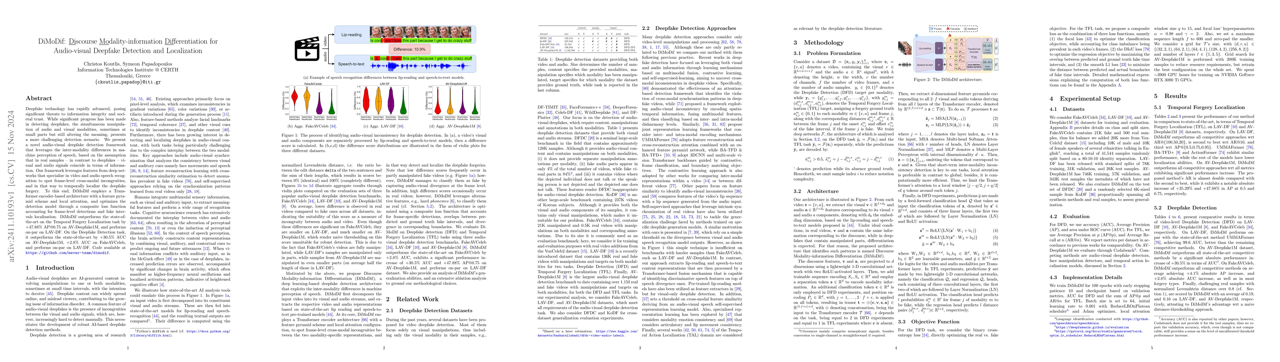 Thumbnail for DiMoDif: Discourse Modality-information Differentiation for Audio-visual
  Deepfake Detection and Localization
