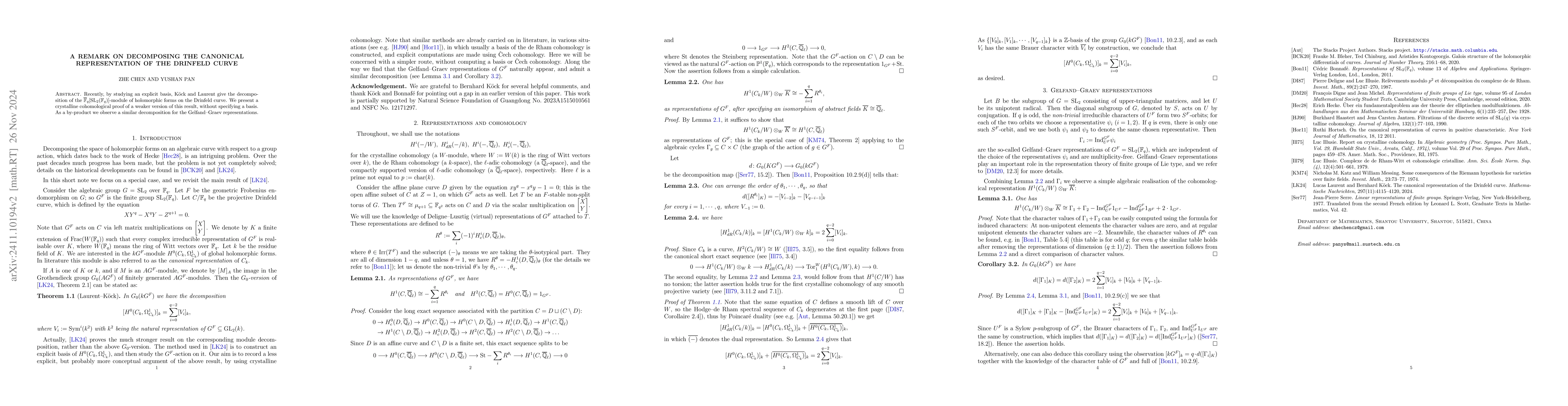 Thumbnail for A remark on decomposing the canonical representation of the Drinfeld
  curve
