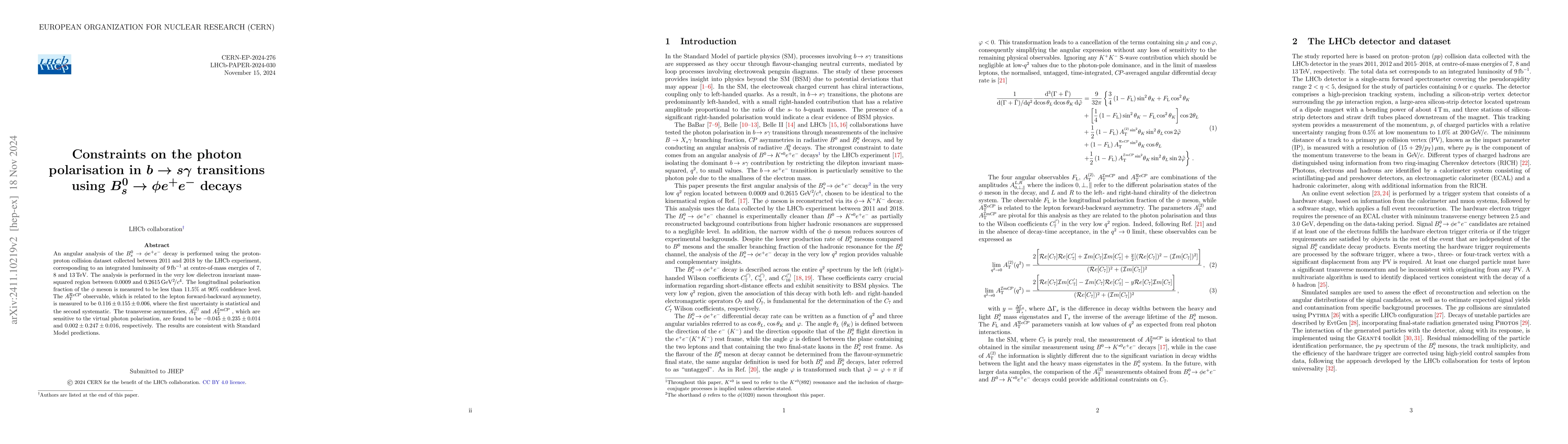 Thumbnail for Constraints on the photon polarisation in $b \to s γ$ transitions
  using $B_s^0 \rightarrow φe^+e^-$ decays